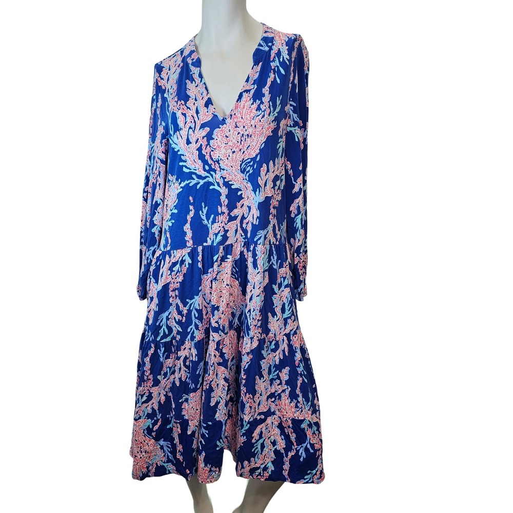 Lilly Pulitzer TRACI LONG SLEEVE DRESS Borealis Blue Swim on Over Size Medium - Picture 2 of 11